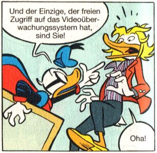 Aber schließlich ist der eigentliche Schuldige gefunden: Der Sicherheitsbeauftragte des Museums, der ein altes Überwachungsvideo einfach umgekehrt hat! (© Egmont Ehapa)