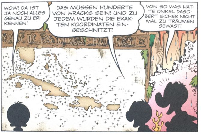 Karte mit allen gesunkenen Goldgaleonen der Karibik Unter Haien (© Egmont Ehapa)